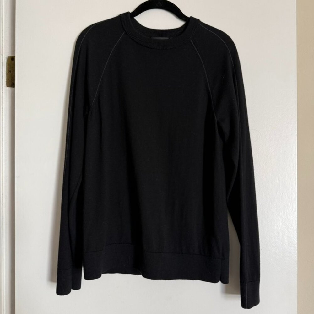 Men's Theory Black Merino Wool Crew Neck Sweater Gray Contrast Detail Size M